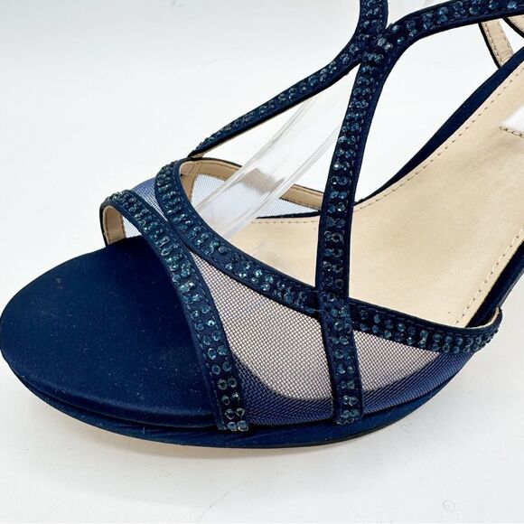 Nina Navy Blue Satin Blossom Slingback Crystal Open Toe Evening Sandal Prom 8.5 - Picture 8 of 14